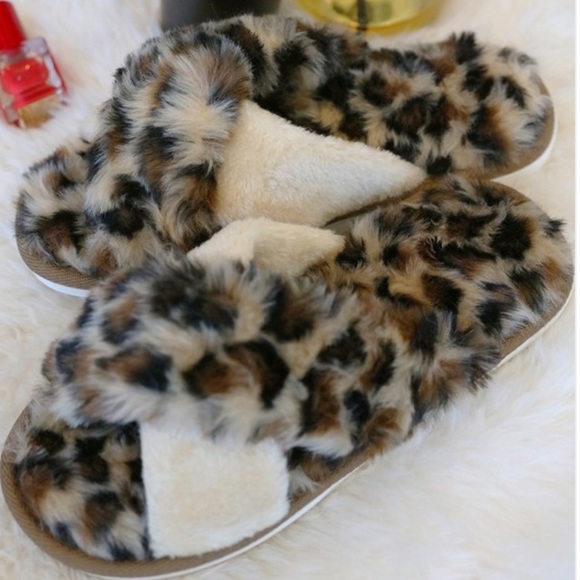 Fur Leopard Slippers Brown & Tan - Picture 4 of 10